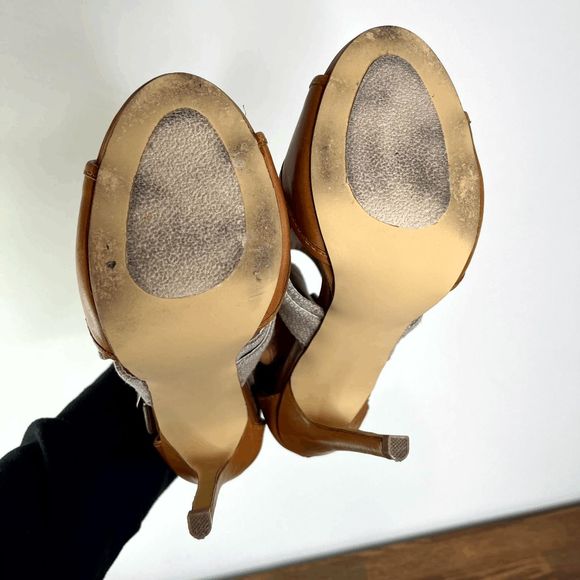 Shoemint Style Brenda Size 5 Leather Upper Fabric Canvas Tan Brown Heels - Picture 2 of 9